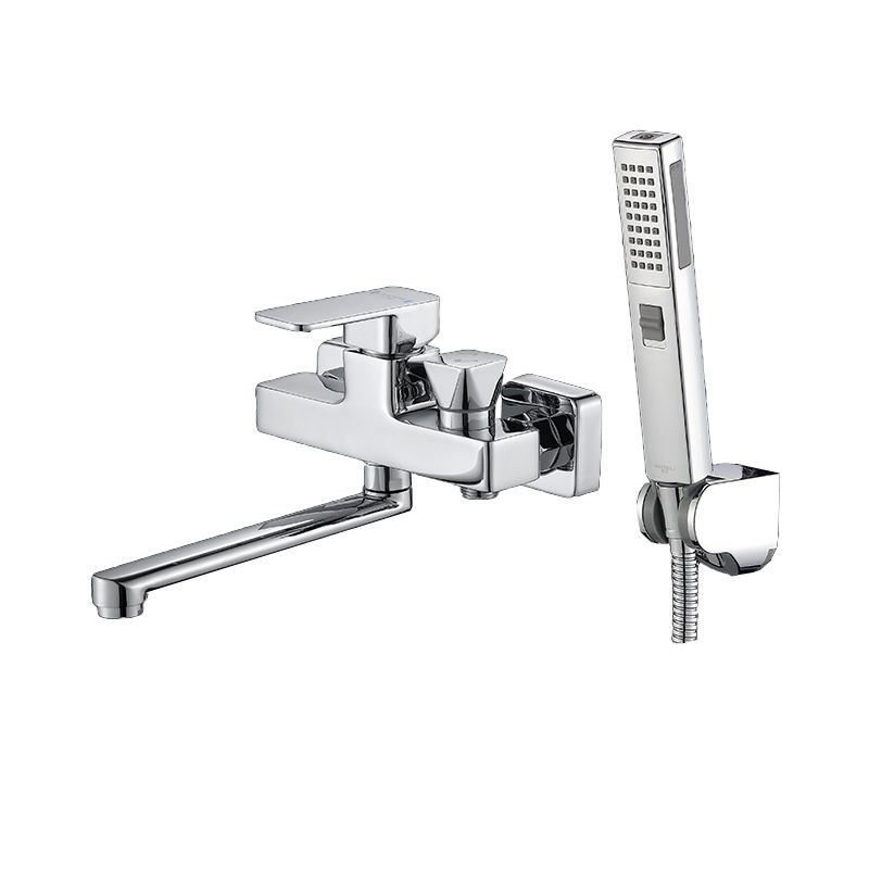 Wall Mounted Bath Faucet Trim Chrome Polished Swivel Spout with Handshower Clearhalo 'Bathroom Remodel & Bathroom Fixtures' 'Bathtub Faucets' 'bathtub_faucets' 'Home Improvement' 'home_improvement' 'home_improvement_bathtub_faucets' 1200x1200_1a867807-f1ab-48f8-99b5-8ce3e0988487