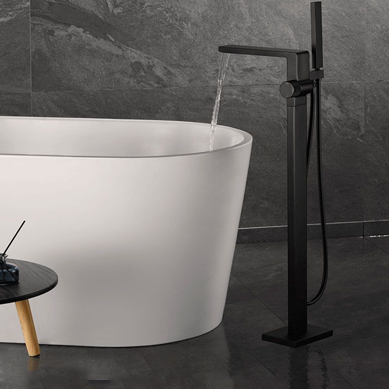 Freestanding Tub Filler Black Brass Single Knob Handle Fixed Tub Filler with Handshower Clearhalo 'Bathroom Remodel & Bathroom Fixtures' 'Bathtub Faucets' 'bathtub_faucets' 'Home Improvement' 'home_improvement' 'home_improvement_bathtub_faucets' 1200x1200_1ab4fbaf-3672-490c-8d1f-dcba6c452907