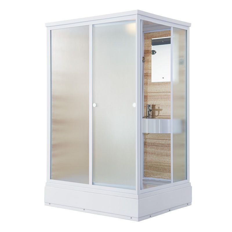 Frosted Glass Single Sliding Shower Enclosure Framed Shower Kit in White Clearhalo 'Bathroom Remodel & Bathroom Fixtures' 'Home Improvement' 'home_improvement' 'home_improvement_shower_stalls_enclosures' 'Shower Stalls & Enclosures' 'shower_stalls_enclosures' 'Showers & Bathtubs' 1200x1200_1e15cc40-ac71-4326-a241-fd6e757a3192