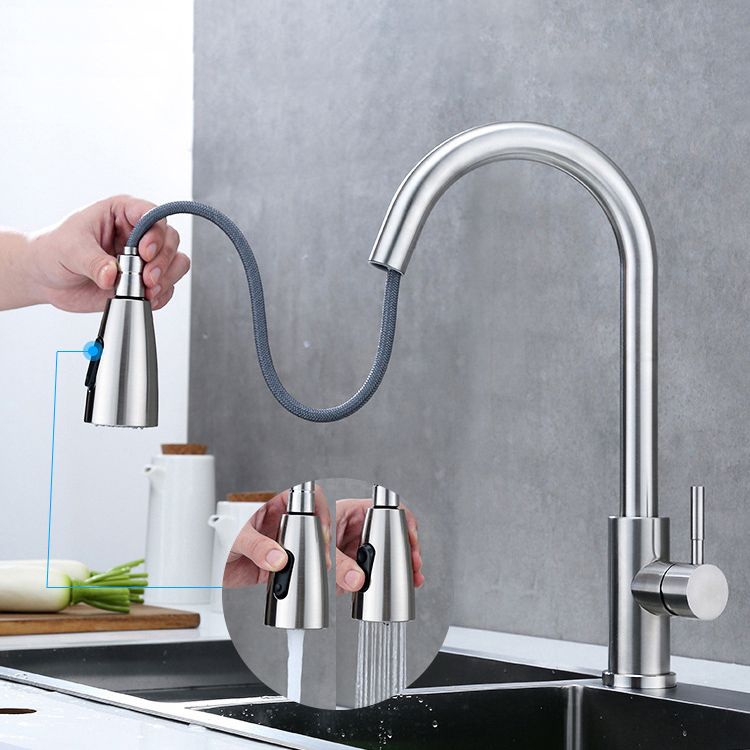 Modern Style Kitchen Faucet Stainless Steel 1-Handle Retractable Kitchen Faucet Clearhalo 'Home Improvement' 'home_improvement' 'home_improvement_kitchen_faucets' 'Kitchen Faucets' 'Kitchen Remodel & Kitchen Fixtures' 'Kitchen Sinks & Faucet Components' 'kitchen_faucets' 1200x1200_1eb75879-ce53-4c87-a47d-a231df554dcd