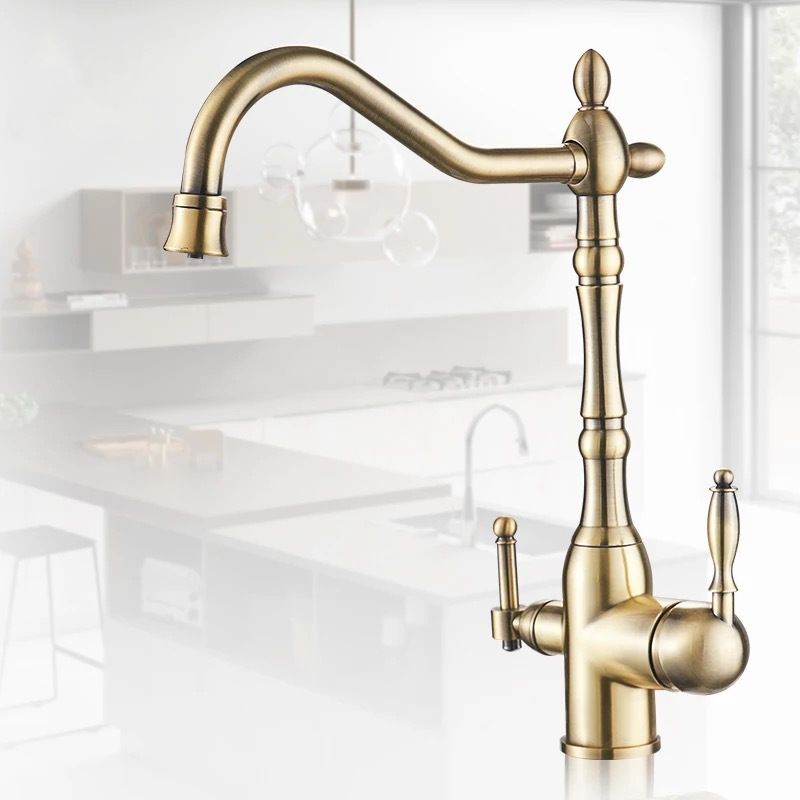 Traditional Bridge Kitchen Faucet 2-Handle Bridge Kitchen Faucet in Gold Clearhalo 'Home Improvement' 'home_improvement' 'home_improvement_kitchen_faucets' 'Kitchen Faucets' 'Kitchen Remodel & Kitchen Fixtures' 'Kitchen Sinks & Faucet Components' 'kitchen_faucets' 1200x1200_201f5427-2ef1-4f9e-8940-dbdddad27fcc