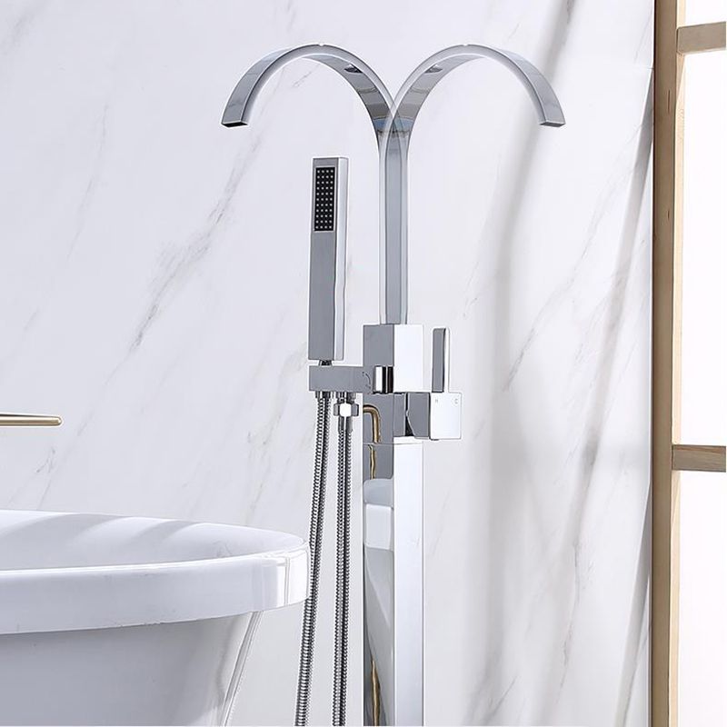 Freestanding Bathtub Faucet Floor Mounted One Lever Handle with Hose Clearhalo 'Bathroom Remodel & Bathroom Fixtures' 'Bathtub Faucets' 'bathtub_faucets' 'Home Improvement' 'home_improvement' 'home_improvement_bathtub_faucets' 1200x1200_20312a18-24a3-4bac-83a9-0d53b93dc362