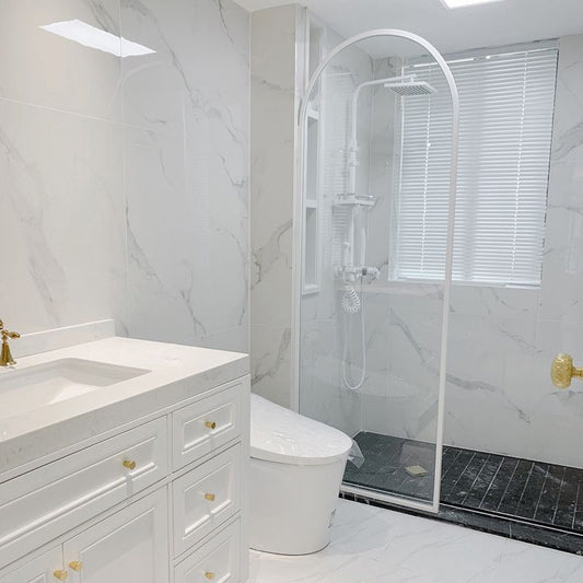 White Full Frame Single Fixed Panel, Half Partition Arched Waterproof Bathroom Screen Clearhalo 'Bathroom Remodel & Bathroom Fixtures' 'Home Improvement' 'home_improvement' 'home_improvement_shower_tub_doors' 'Shower and Tub Doors' 'shower_tub_doors' 'Showers & Bathtubs' 1200x1200_216fef26-93d6-4da6-9507-8046458e16a0