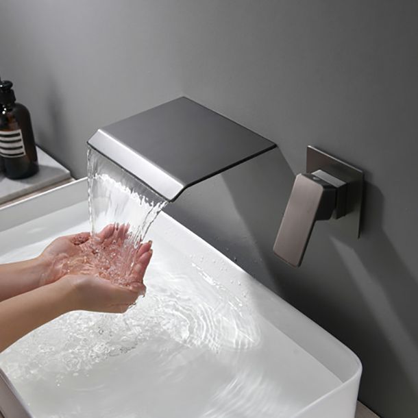 Wall Mount Bathroom Faucet Waterfall Spout Lever Handle 2 Holes Bathroom Sink Faucet Clearhalo 'Bathroom Remodel & Bathroom Fixtures' 'Bathroom Sink Faucets' 'Bathroom Sinks & Faucet Components' 'bathroom_sink_faucets' 'Home Improvement' 'home_improvement' 'home_improvement_bathroom_sink_faucets' 1200x1200_220e3225-3b34-429f-8741-6c781a67c2a3