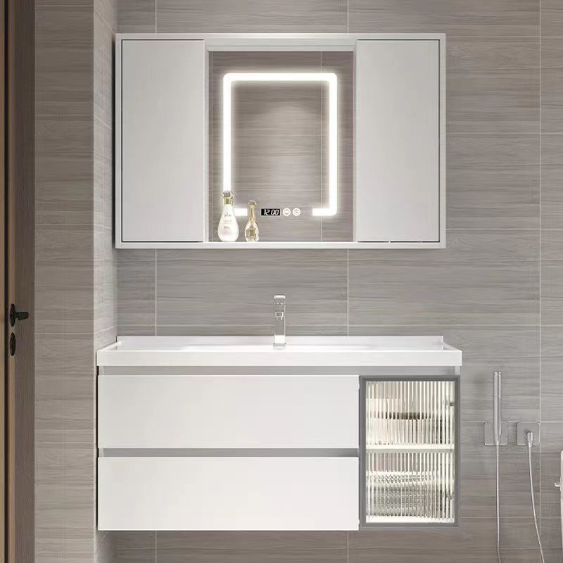 White Vanity Single Sink Rectangular 2 Drawers Wall-Mounted Bath Vanity with Mirror Clearhalo 'Bathroom Remodel & Bathroom Fixtures' 'Bathroom Vanities' 'bathroom_vanities' 'Home Improvement' 'home_improvement' 'home_improvement_bathroom_vanities' 1200x1200_229b1861-4369-498c-8bca-25a2c1e47ebe
