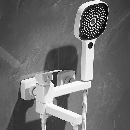 White Bath Faucet Trim Single Lever Handle Swivel Spout Wall-Mounted Handshower Tub Filler Clearhalo 'Bathroom Remodel & Bathroom Fixtures' 'Bathtub Faucets' 'bathtub_faucets' 'Home Improvement' 'home_improvement' 'home_improvement_bathtub_faucets' 1200x1200_2411fb64-78e9-40ba-85ed-0a4ca9188a44