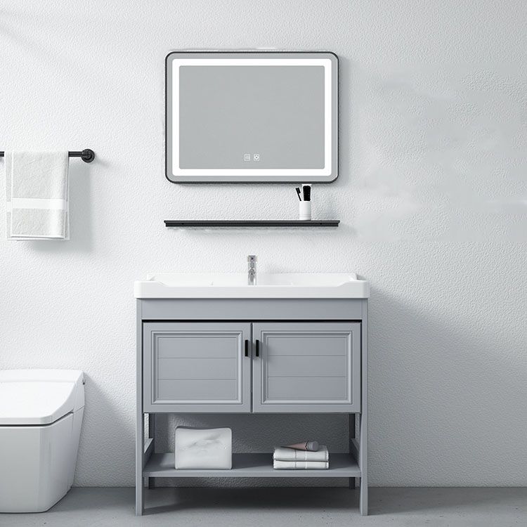 Shelving Included Bath Vanity Freestanding Grey Single Sink 2 Doors Metal Frame Vanity Clearhalo 'Bathroom Remodel & Bathroom Fixtures' 'Bathroom Vanities' 'bathroom_vanities' 'Home Improvement' 'home_improvement' 'home_improvement_bathroom_vanities' 1200x1200_24643b02-7a8c-48a7-bc4f-bb79032ab9c2