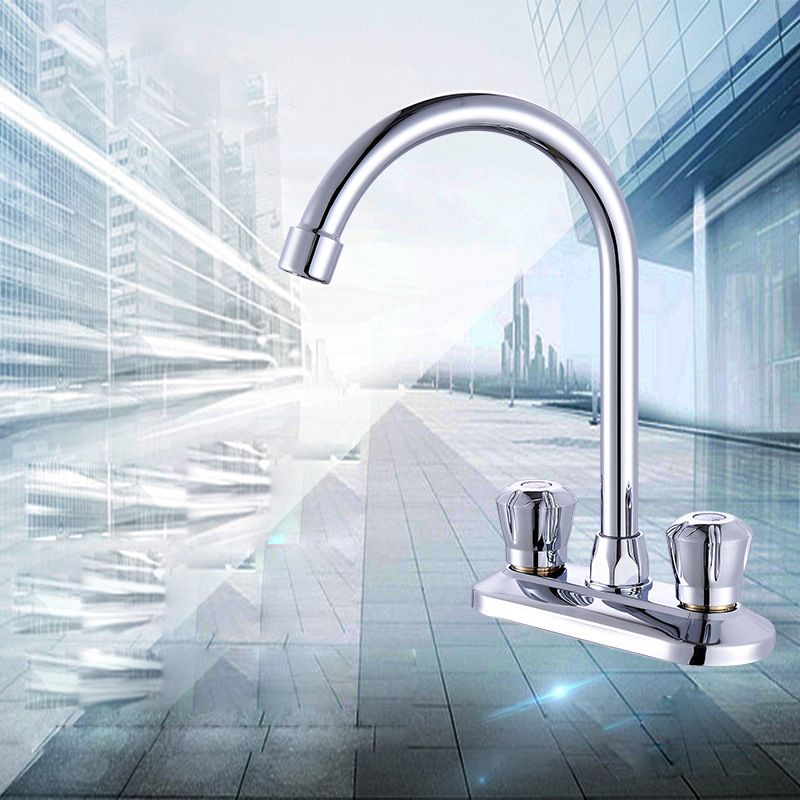 Modern Deck Mounted Double Handles Kitchen Faucet Metal Faucet in Silver Clearhalo 'Home Improvement' 'home_improvement' 'home_improvement_kitchen_faucets' 'Kitchen Faucets' 'Kitchen Remodel & Kitchen Fixtures' 'Kitchen Sinks & Faucet Components' 'kitchen_faucets' 1200x1200_24d570c9-206c-4d90-b3a9-ce59a15014e2