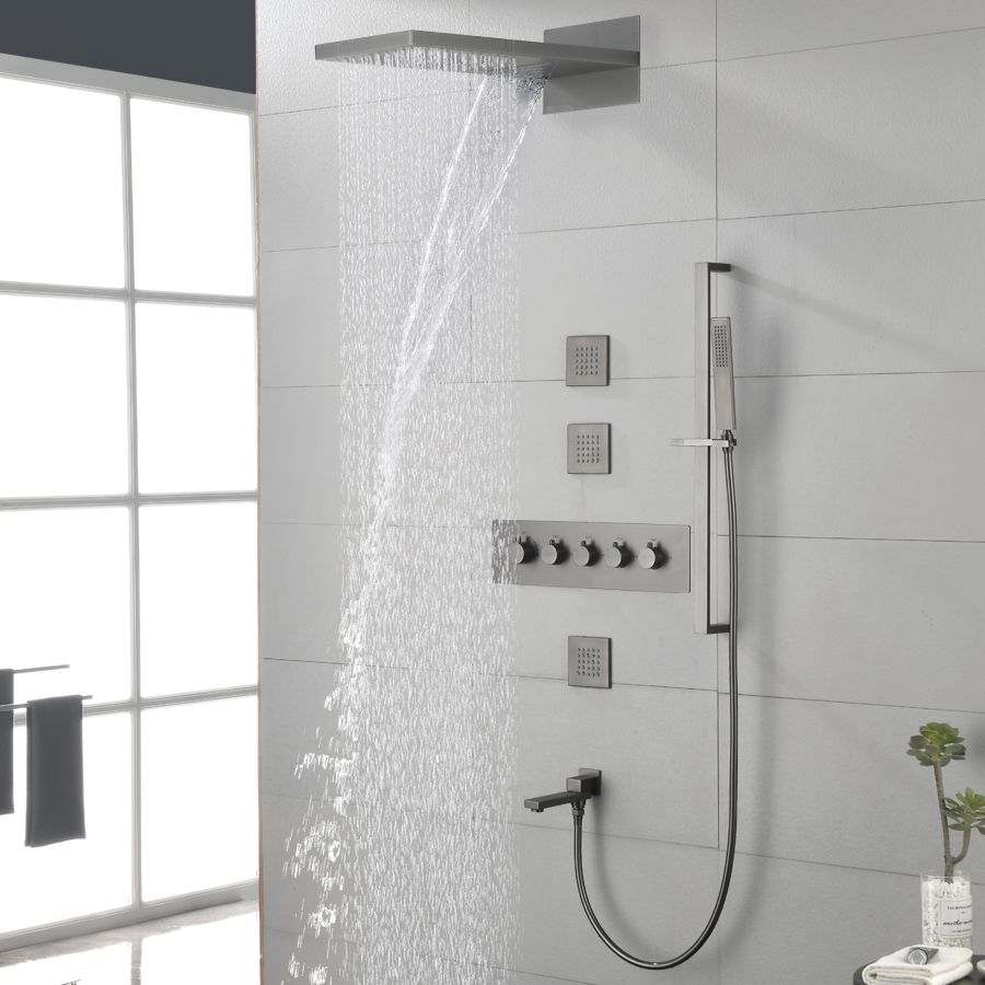 Modern Shower Set Brass Body Jets Adjustable Shower Head Wall Mounted Shower System Clearhalo 'Bathroom Remodel & Bathroom Fixtures' 'Home Improvement' 'home_improvement' 'home_improvement_shower_faucets' 'Shower Faucets & Systems' 'shower_faucets' 'Showers & Bathtubs Plumbing' 'Showers & Bathtubs' 1200x1200_24fe1503-4ea8-4afa-ae51-5d1edece7565