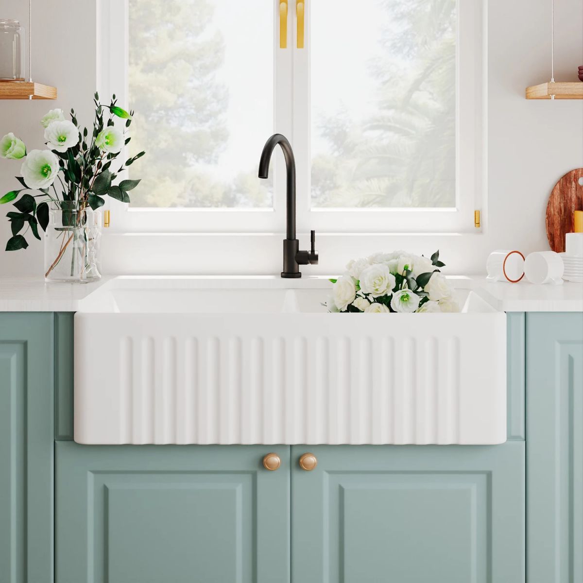 Classic Quartz Kitchen Sink White Apron Fluted Farmhouse Sink - Clearhalo
