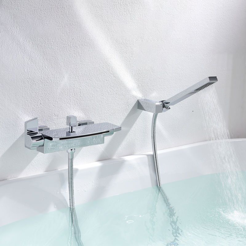 Modern Tub Faucet Trim Copper Lever Handles Wall Mounted Waterfall Bathroom Faucet Clearhalo 'Bathroom Remodel & Bathroom Fixtures' 'Bathtub Faucets' 'bathtub_faucets' 'Home Improvement' 'home_improvement' 'home_improvement_bathtub_faucets' 1200x1200_25f3d153-1471-4c49-9d7c-d067d46d9a66