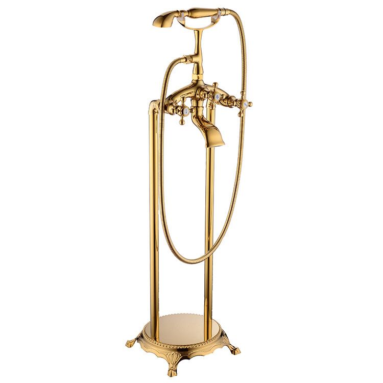 Floor Mounted Tub Spout 3 Handles Traditional Freestanding Tub Filler in Gold Clearhalo 'Bathroom Remodel & Bathroom Fixtures' 'Bathtub Faucets' 'bathtub_faucets' 'Home Improvement' 'home_improvement' 'home_improvement_bathtub_faucets' 1200x1200_27898b1d-bba1-4dcc-b2d1-786ae58365ea