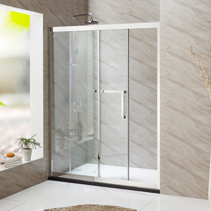 Silver Semi Frameless Single Move Tempered Glass Shower Door Clearhalo 'Bathroom Remodel & Bathroom Fixtures' 'Home Improvement' 'home_improvement' 'home_improvement_shower_tub_doors' 'Shower and Tub Doors' 'shower_tub_doors' 'Showers & Bathtubs' 1200x1200_28833d9d-05f1-44d7-9a11-ea764eadd9bf