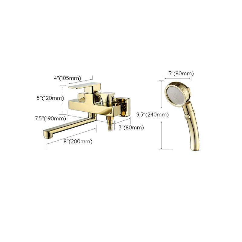 Wall Mounted Gold Bathtub Faucet Swivel Spout Lever Handle with Hand Shower Clearhalo 'Bathroom Remodel & Bathroom Fixtures' 'Bathtub Faucets' 'bathtub_faucets' 'Home Improvement' 'home_improvement' 'home_improvement_bathtub_faucets' 1200x1200_28d41a0c-9ae0-4ce4-b7c5-b0ae6c668096
