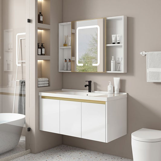 Wall Mount Bath Vanity White Rectangular Single Sink Mirror Metal Frame Vanity with Doors Clearhalo 'Bathroom Remodel & Bathroom Fixtures' 'Bathroom Vanities' 'bathroom_vanities' 'Home Improvement' 'home_improvement' 'home_improvement_bathroom_vanities' 1200x1200_28f1284e-4984-453e-9f82-dc3704f372a5