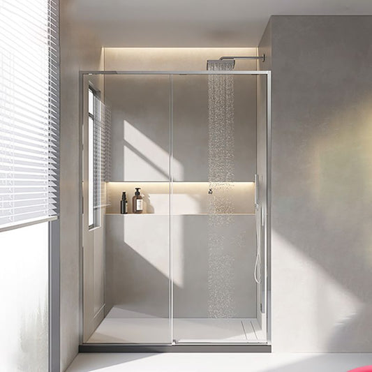 Silver Single Sliding Shower Bath Door Metal Semi-Frameless Shower Door Clearhalo 'Bathroom Remodel & Bathroom Fixtures' 'Home Improvement' 'home_improvement' 'home_improvement_shower_tub_doors' 'Shower and Tub Doors' 'shower_tub_doors' 'Showers & Bathtubs' 1200x1200_2a3ab4e4-191d-4664-bac5-1fdb42191c50