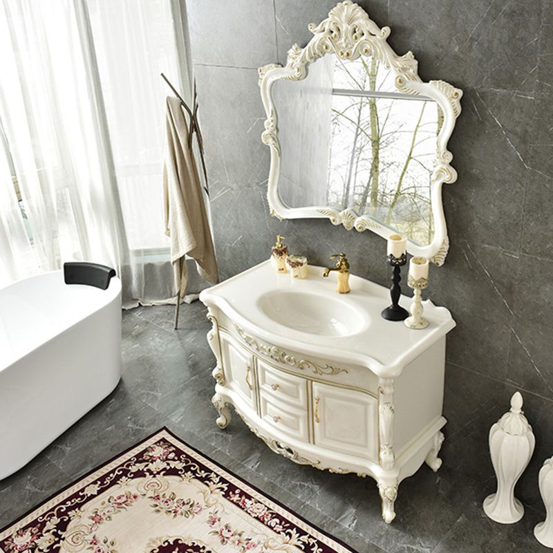 White Stone Bath Vanity 2 Drawers Rectangular Freestanding Single Sink Vanity with Mirror Clearhalo 'Bathroom Remodel & Bathroom Fixtures' 'Bathroom Vanities' 'bathroom_vanities' 'Home Improvement' 'home_improvement' 'home_improvement_bathroom_vanities' 1200x1200_2bf3dfa2-7d69-416a-a34e-062bc0a00105