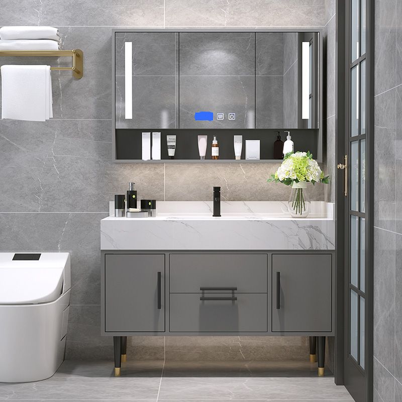 Mirror Bath Vanity Set Grey Metal Frame 2 Doors Rectangle Vanity with Drawers Clearhalo 'Bathroom Remodel & Bathroom Fixtures' 'Bathroom Vanities' 'bathroom_vanities' 'Home Improvement' 'home_improvement' 'home_improvement_bathroom_vanities' 1200x1200_2c01bee0-bb8e-4383-9ddb-feed1f89cbaf