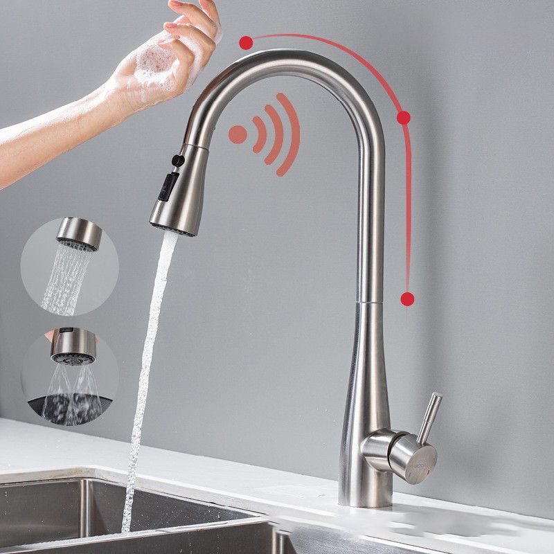 Touch Sensor Spray Kitchen Faucet Stainless Steel Swivel Spout with Pull Down Sprayer Clearhalo 'Home Improvement' 'home_improvement' 'home_improvement_kitchen_faucets' 'Kitchen Faucets' 'Kitchen Remodel & Kitchen Fixtures' 'Kitchen Sinks & Faucet Components' 'kitchen_faucets' 1200x1200_2d62c40c-7a2c-4728-92ea-e21974f843da