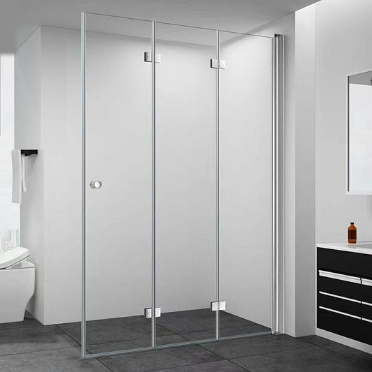 Frameless Folding Tempered Glass Shower Door with Thickened 304 Stainless Steel Fittings Clearhalo 'Bathroom Remodel & Bathroom Fixtures' 'Home Improvement' 'home_improvement' 'home_improvement_shower_tub_doors' 'Shower and Tub Doors' 'shower_tub_doors' 'Showers & Bathtubs' 1200x1200_2dc0190e-b5e2-4647-ab1b-f1063af61c06