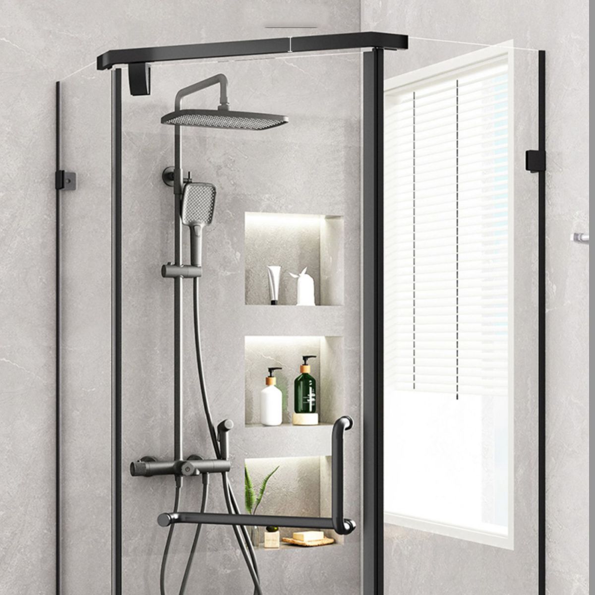 Neo-Angle Polished Glass Shower Enclosure Matt Black Frame Shower Stall Clearhalo 'Bathroom Remodel & Bathroom Fixtures' 'Home Improvement' 'home_improvement' 'home_improvement_shower_stalls_enclosures' 'Shower Stalls & Enclosures' 'shower_stalls_enclosures' 'Showers & Bathtubs' 1200x1200_2f3aaa05-3628-4fbe-9fb6-d251c195ef54