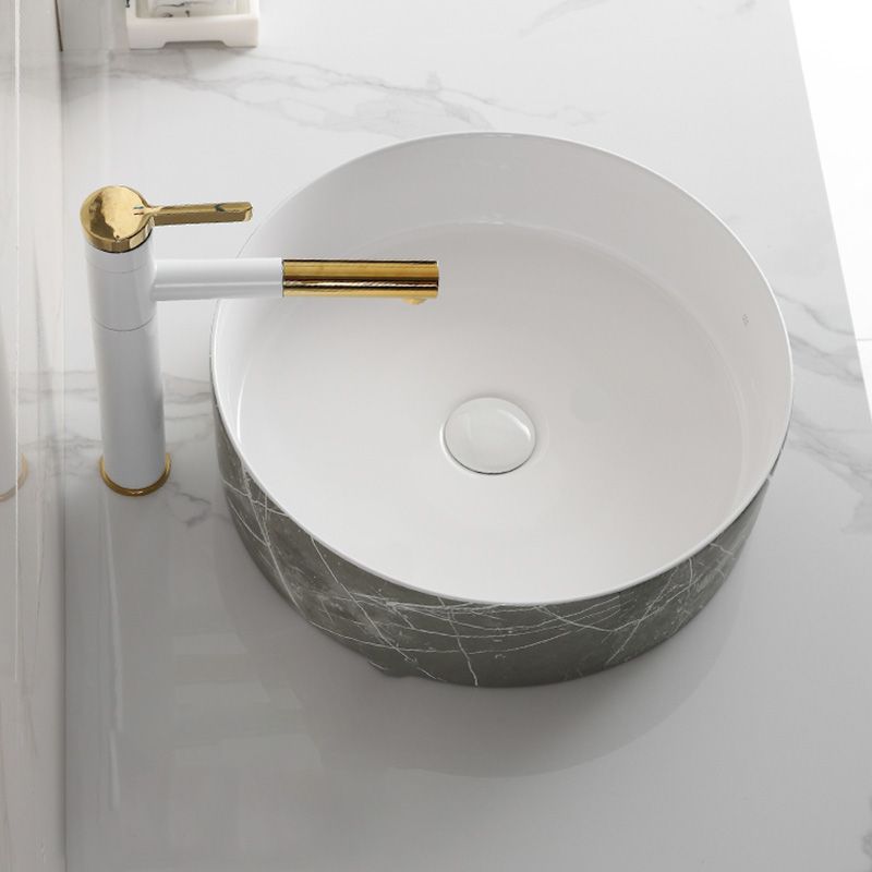 Modern Bathroom Sink Ceramic Marble Pattern Round Bathroom Sink with Pulling Faucet Clearhalo 'Bathroom Remodel & Bathroom Fixtures' 'Bathroom Sinks & Faucet Components' 'Bathroom Sinks' 'bathroom_sink' 'Home Improvement' 'home_improvement' 'home_improvement_bathroom_sink' 1200x1200_2f99d5bf-b546-4d39-bf02-46a57aae5479