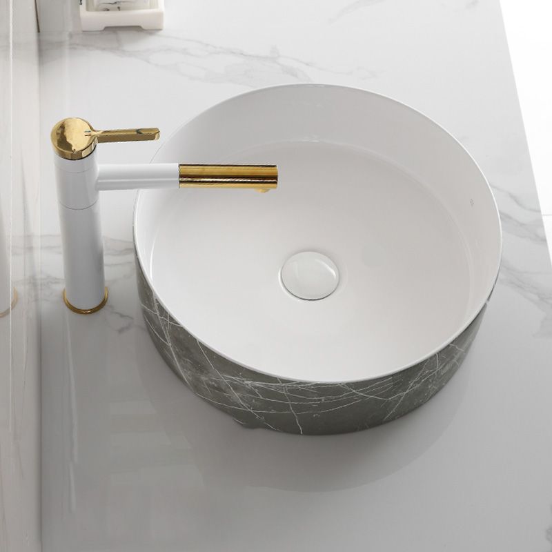 Modern Bathroom Sink Ceramic Marble Pattern Round Bathroom Sink with Pulling Faucet Clearhalo 'Bathroom Remodel & Bathroom Fixtures' 'Bathroom Sinks & Faucet Components' 'Bathroom Sinks' 'bathroom_sink' 'Home Improvement' 'home_improvement' 'home_improvement_bathroom_sink' 1200x1200_2f99d5bf-b546-4d39-bf02-46a57aae5479