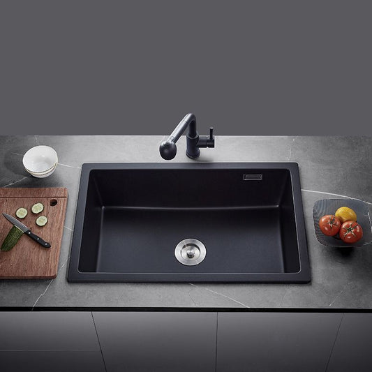 Black Quartz Kitchen Sink Drop-In Single Bowl Sink with Basket Strainer Clearhalo 'Home Improvement' 'home_improvement' 'home_improvement_kitchen_sinks' 'Kitchen Remodel & Kitchen Fixtures' 'Kitchen Sinks & Faucet Components' 'Kitchen Sinks' 'kitchen_sinks' 1200x1200_30e3096b-271d-4e09-8af5-9504433e9250
