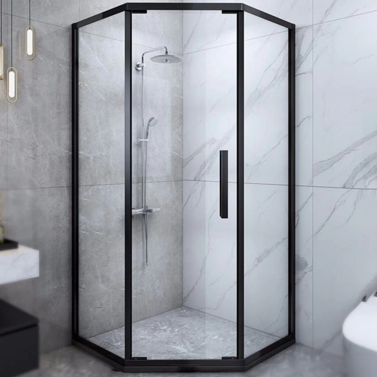 Black Full Frame Shower Screen Diamond Shape Tempered Glass Shower Door Clearhalo 'Bathroom Remodel & Bathroom Fixtures' 'Home Improvement' 'home_improvement' 'home_improvement_shower_tub_doors' 'Shower and Tub Doors' 'shower_tub_doors' 'Showers & Bathtubs' 1200x1200_32d73cb9-6f46-4e4c-b7dc-624e5fcb2559