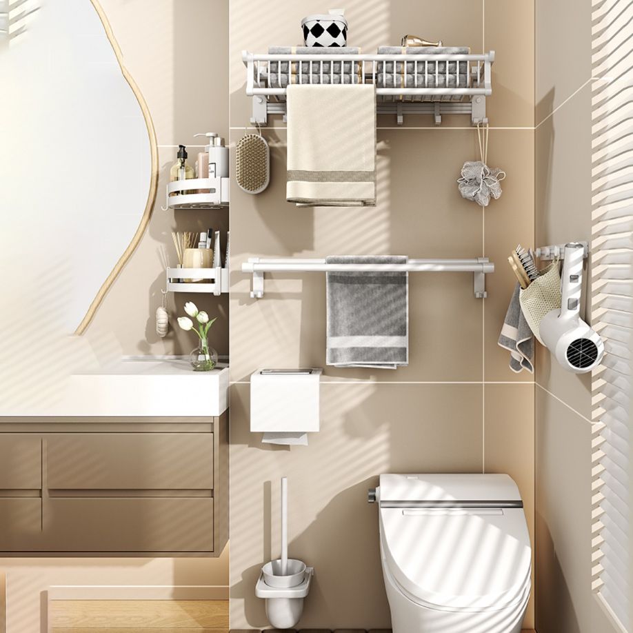 Modern Style Bathroom Accessory Set with Bath Shelf/Towel Bar/Toilet Brush in White Clearhalo 'Bathroom Hardware Sets' 'Bathroom Hardware' 'Bathroom Remodel & Bathroom Fixtures' 'bathroom_hardware_sets' 'Home Improvement' 'home_improvement' 'home_improvement_bathroom_hardware_sets' 1200x1200_3430d247-4fed-470d-a97a-e7db0c69e3c9