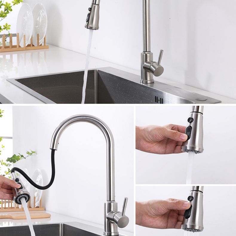 Modern 1-Handle Faucets Stainless Steel Gooseneck with Pull Out Sprayer Faucets Clearhalo 'Home Improvement' 'home_improvement' 'home_improvement_kitchen_faucets' 'Kitchen Faucets' 'Kitchen Remodel & Kitchen Fixtures' 'Kitchen Sinks & Faucet Components' 'kitchen_faucets' 1200x1200_34e8d61a-4f7b-40e5-a32d-23ffd6be6d01