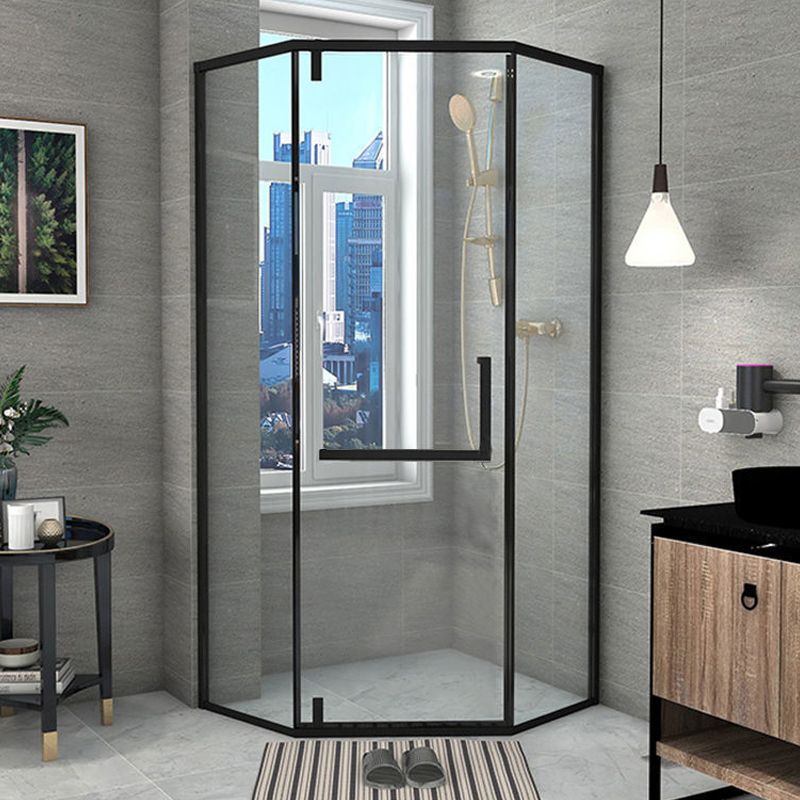 Contemporary Black Shower Enclosure Neo-Angle Semi-Frameless Clear Shower Enclosure Clearhalo 'Bathroom Remodel & Bathroom Fixtures' 'Home Improvement' 'home_improvement' 'home_improvement_shower_stalls_enclosures' 'Shower Stalls & Enclosures' 'shower_stalls_enclosures' 'Showers & Bathtubs' 1200x1200_34eb2649-fbbe-4718-9419-d7296f490376