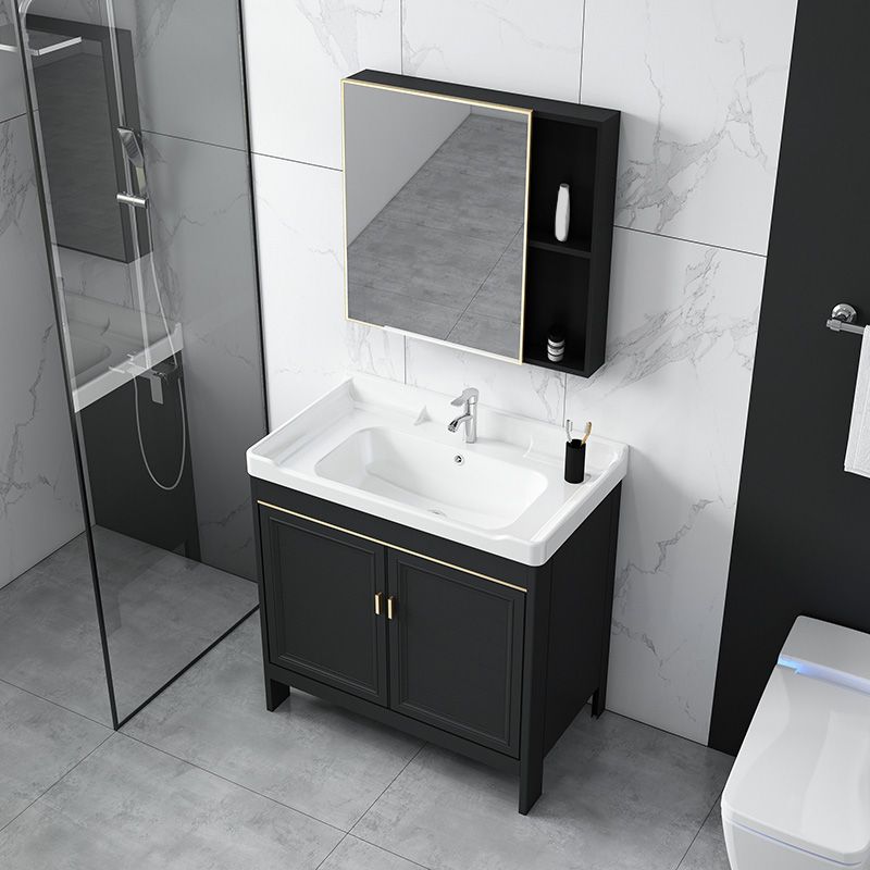 Modern Metal Sink Cabinet Mirror Wall-Mounted Bathroom Vanity Cabinet in Black Clearhalo 'Bathroom Remodel & Bathroom Fixtures' 'Bathroom Vanities' 'bathroom_vanities' 'Home Improvement' 'home_improvement' 'home_improvement_bathroom_vanities' 1200x1200_34ef34d3-60f2-4c46-8140-ed548d179a80