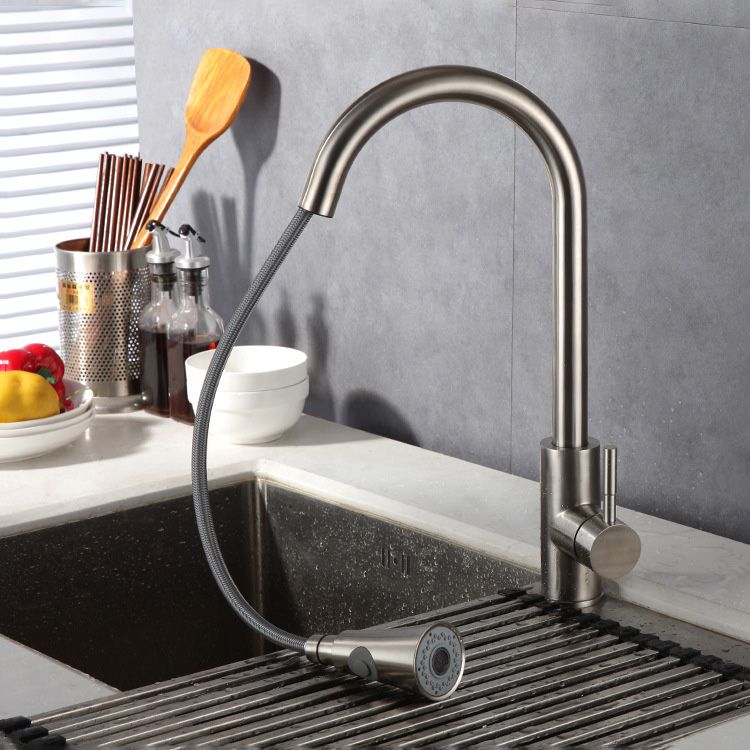 1-Hole Kitchen Faucet Stainless Steel Pull down Sprayer Kitchen Faucet Clearhalo 'Home Improvement' 'home_improvement' 'home_improvement_kitchen_faucets' 'Kitchen Faucets' 'Kitchen Remodel & Kitchen Fixtures' 'Kitchen Sinks & Faucet Components' 'kitchen_faucets' 1200x1200_35418843-8910-4112-b768-d4fe20fd42bc