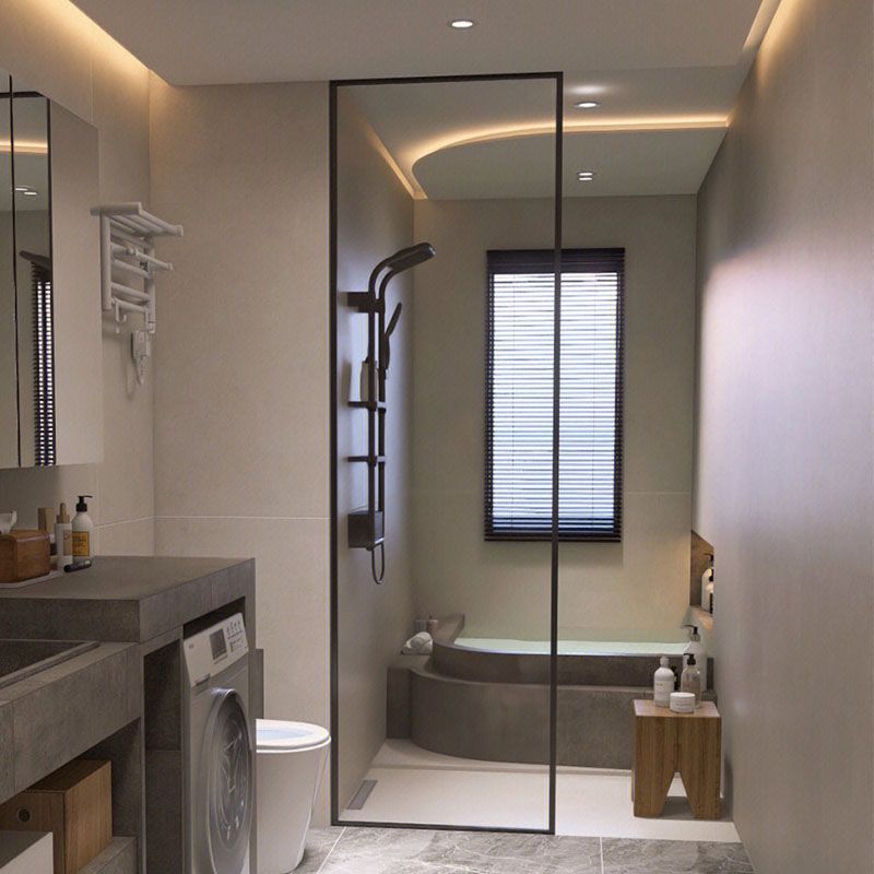 Black Fixed Shower Screen Full Frame Half Partition Shower Door Clearhalo 'Bathroom Remodel & Bathroom Fixtures' 'Home Improvement' 'home_improvement' 'home_improvement_shower_tub_doors' 'Shower and Tub Doors' 'shower_tub_doors' 'Showers & Bathtubs' 1200x1200_357e4933-2432-4146-9954-a78f454c9339