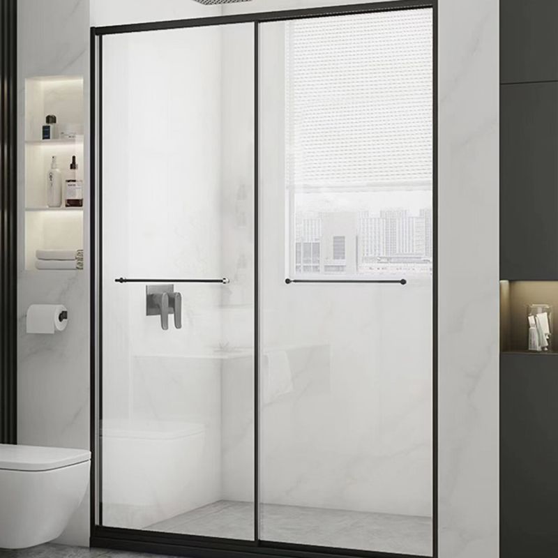 Black Frame Double Sliding Shower Bath Door Transparent Shower Door Clearhalo 'Bathroom Remodel & Bathroom Fixtures' 'Home Improvement' 'home_improvement' 'home_improvement_shower_tub_doors' 'Shower and Tub Doors' 'shower_tub_doors' 'Showers & Bathtubs' 1200x1200_3582a887-b084-4a18-9b8d-ee82207c40bd