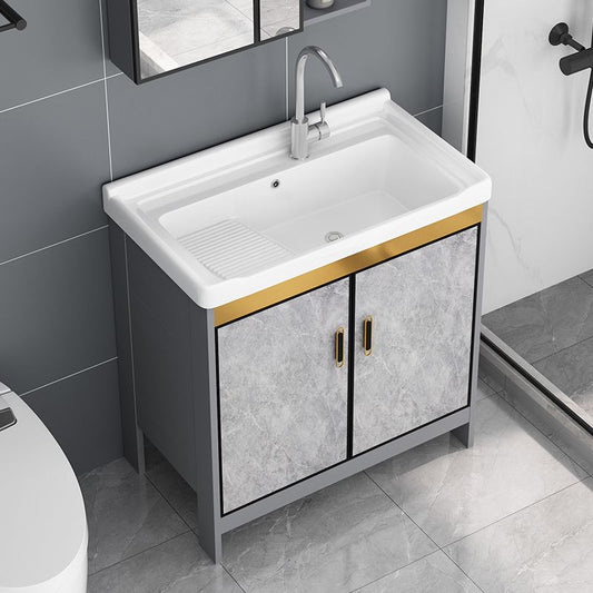 Bath Vanity Single Sink Metal Frame Grey Rectangular 2 Doors Freestanding Vanity Clearhalo 'Bathroom Remodel & Bathroom Fixtures' 'Bathroom Vanities' 'bathroom_vanities' 'Home Improvement' 'home_improvement' 'home_improvement_bathroom_vanities' 1200x1200_35e37d5e-d157-4f61-9cd6-ceddeb0fc6c8
