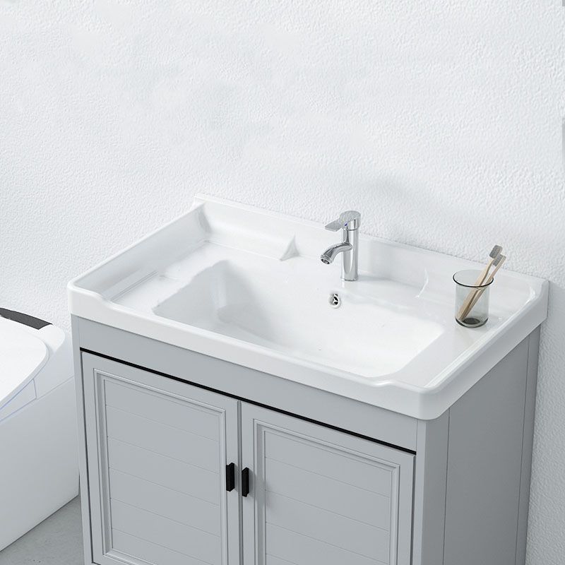 Vanity Glam Mirror Single Sink Metal Frame Freestanding Grey Faucet Vanity with Doors Clearhalo 'Bathroom Remodel & Bathroom Fixtures' 'Bathroom Vanities' 'bathroom_vanities' 'Home Improvement' 'home_improvement' 'home_improvement_bathroom_vanities' 1200x1200_36e248a8-550b-4664-83fe-f9dc4956d4bb
