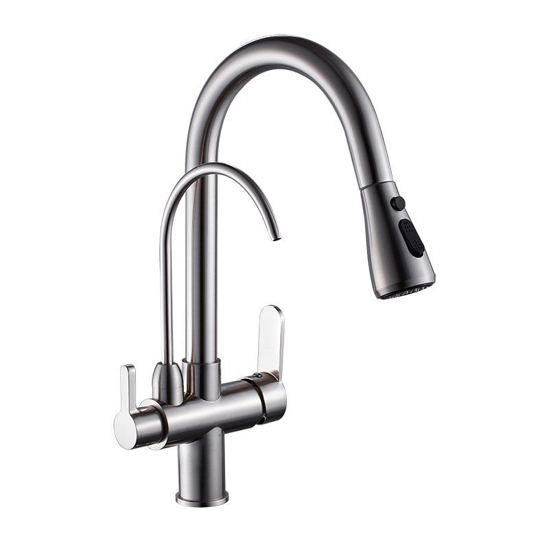 1 Hole Kitchen Faucets Metal Pulldown Sprayer Kitchen Faucet with Double Handles Clearhalo 'Home Improvement' 'home_improvement' 'home_improvement_kitchen_faucets' 'Kitchen Faucets' 'Kitchen Remodel & Kitchen Fixtures' 'Kitchen Sinks & Faucet Components' 'kitchen_faucets' 1200x1200_37696cf2-92d3-4ab1-aa8b-675180590b05