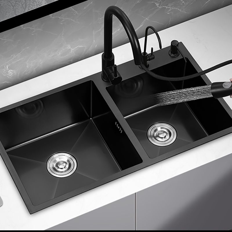 Double Bowl Stainless Steel Sink in black with Strainer Drop-In Kitchen Sink Clearhalo 'Home Improvement' 'home_improvement' 'home_improvement_kitchen_sinks' 'Kitchen Remodel & Kitchen Fixtures' 'Kitchen Sinks & Faucet Components' 'Kitchen Sinks' 'kitchen_sinks' 1200x1200_3854459c-724b-4ace-9a09-862878c4c10b