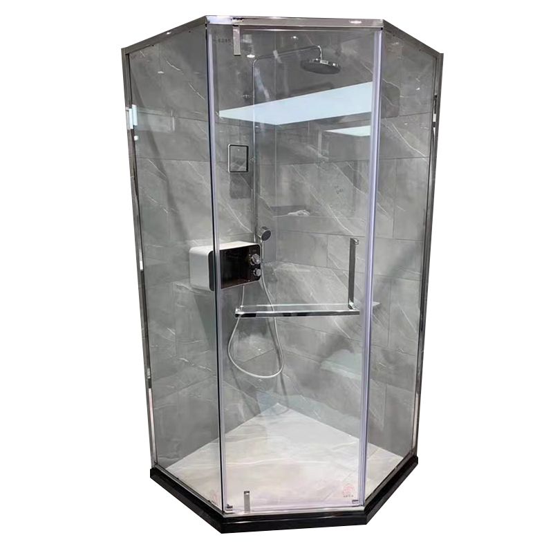 Transparent Pivot Shower Bath Door Silver and Black Frame Shower Door Clearhalo 'Bathroom Remodel & Bathroom Fixtures' 'Home Improvement' 'home_improvement' 'home_improvement_shower_tub_doors' 'Shower and Tub Doors' 'shower_tub_doors' 'Showers & Bathtubs' 1200x1200_38f43b25-40ba-459c-ad8f-3dc9f85d4ab4