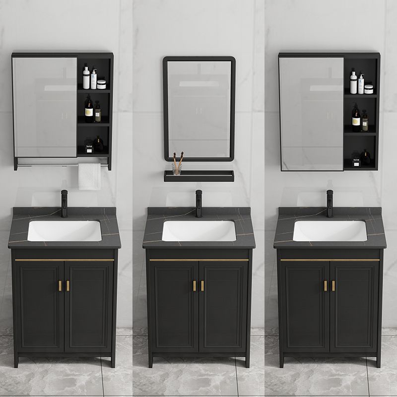 Black Bath Vanity Single Sink Metal Frame Mirror Vanity with Soft Close Door Clearhalo 'Bathroom Remodel & Bathroom Fixtures' 'Bathroom Vanities' 'bathroom_vanities' 'Home Improvement' 'home_improvement' 'home_improvement_bathroom_vanities' 1200x1200_3a8a6257-dbf1-43e4-ba9a-430719b4ed2c
