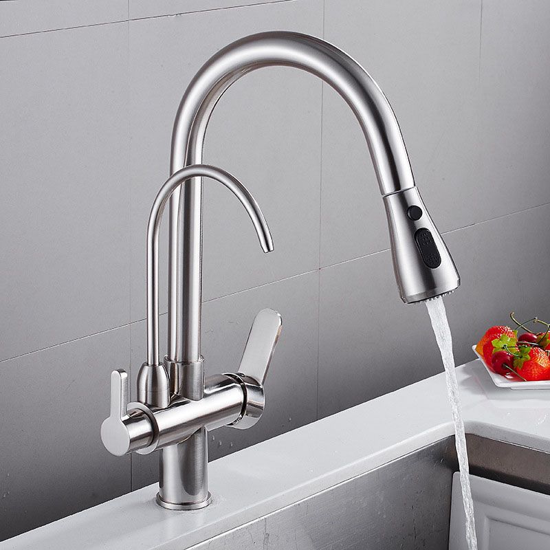 1 Hole Kitchen Faucets Metal Pulldown Sprayer Kitchen Faucet with Double Handles Clearhalo 'Home Improvement' 'home_improvement' 'home_improvement_kitchen_faucets' 'Kitchen Faucets' 'Kitchen Remodel & Kitchen Fixtures' 'Kitchen Sinks & Faucet Components' 'kitchen_faucets' 1200x1200_3cfaf54b-6e95-4563-a8c6-da09b3ade08d