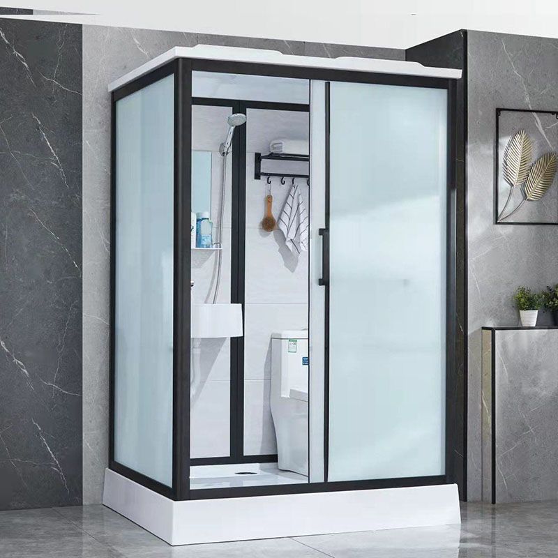 Black Framed Single Sliding Shower Kit Frosted Rectangle Shower Stall Clearhalo 'Bathroom Remodel & Bathroom Fixtures' 'Home Improvement' 'home_improvement' 'home_improvement_shower_stalls_enclosures' 'Shower Stalls & Enclosures' 'shower_stalls_enclosures' 'Showers & Bathtubs' 1200x1200_3d7ca8fe-2776-48bd-946a-c55b3bb78a7c