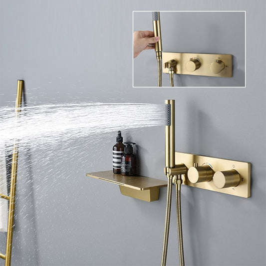Modern Shower System Brass Temperature Control Fixed Shower Head Shower Combo Clearhalo 'Bathroom Remodel & Bathroom Fixtures' 'Home Improvement' 'home_improvement' 'home_improvement_shower_faucets' 'Shower Faucets & Systems' 'shower_faucets' 'Showers & Bathtubs Plumbing' 'Showers & Bathtubs' 1200x1200_3e90e15e-7dd1-41fd-8049-664c6bf682df