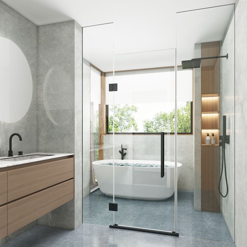 Frameless to Ceiling Bathroom Screen, Swing Tempered Glass Shower Door Clearhalo 'Bathroom Remodel & Bathroom Fixtures' 'Home Improvement' 'home_improvement' 'home_improvement_shower_tub_doors' 'Shower and Tub Doors' 'shower_tub_doors' 'Showers & Bathtubs' 1200x1200_3f6dafd9-0777-43f3-9bdb-3a80c578cf80