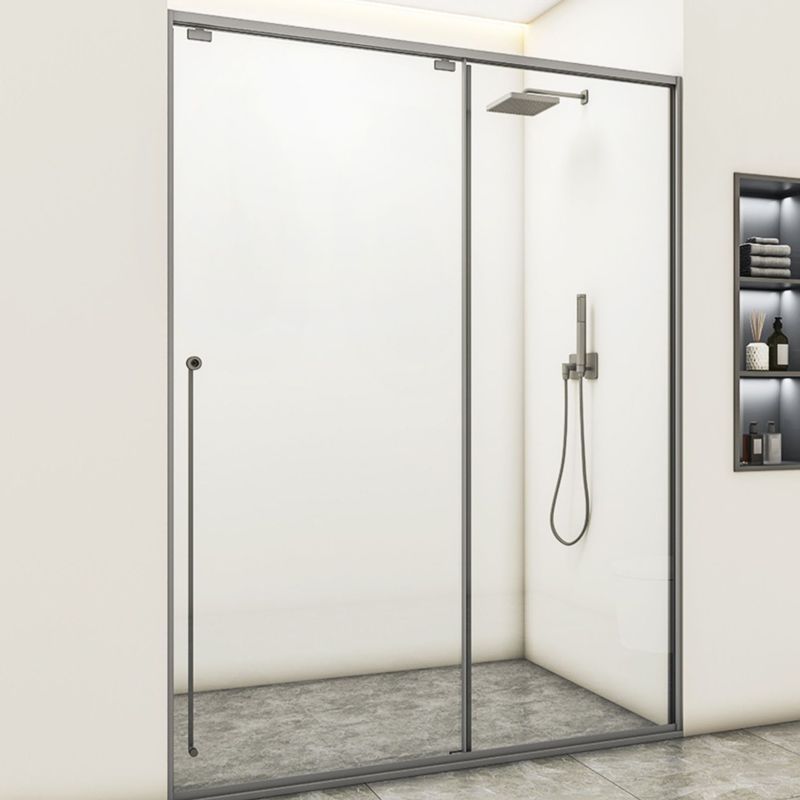 Gray Semi Frameless Stainless Steel Single Move Tempered Glass Shower Door Clearhalo 'Bathroom Remodel & Bathroom Fixtures' 'Home Improvement' 'home_improvement' 'home_improvement_shower_tub_doors' 'Shower and Tub Doors' 'shower_tub_doors' 'Showers & Bathtubs' 1200x1200_40aef805-dafa-41c8-97a0-d64c2e34cff0