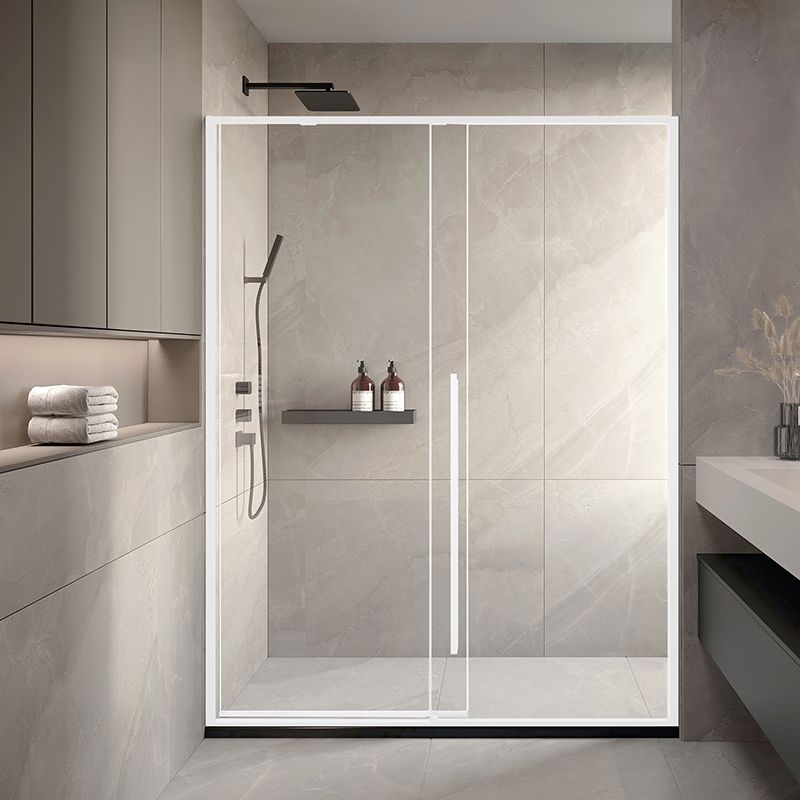 Silver Single Sliding Shower Bath Door Metal Semi-Frameless Shower Door Clearhalo 'Bathroom Remodel & Bathroom Fixtures' 'Home Improvement' 'home_improvement' 'home_improvement_shower_tub_doors' 'Shower and Tub Doors' 'shower_tub_doors' 'Showers & Bathtubs' 1200x1200_40deee97-8a34-4d0f-ad61-b2a3f2277ad3