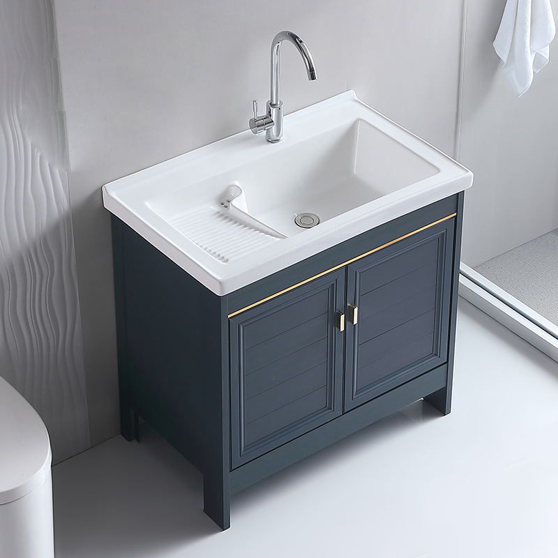 Grey Bath Vanity Freestanding Rectangular Single Sink Doors Metal Frame Vanity with Mirror Clearhalo 'Bathroom Remodel & Bathroom Fixtures' 'Bathroom Vanities' 'bathroom_vanities' 'Home Improvement' 'home_improvement' 'home_improvement_bathroom_vanities' 1200x1200_44353da7-9d2c-420b-9f8e-447c1c127190