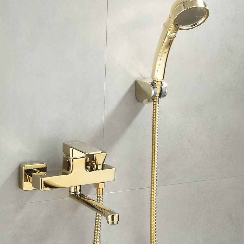 Wall Mounted Gold Bathtub Faucet Swivel Spout Lever Handle with Hand Shower Clearhalo 'Bathroom Remodel & Bathroom Fixtures' 'Bathtub Faucets' 'bathtub_faucets' 'Home Improvement' 'home_improvement' 'home_improvement_bathtub_faucets' 1200x1200_44e43ffb-b40d-4e1e-a9c6-51dfd2c5edaf